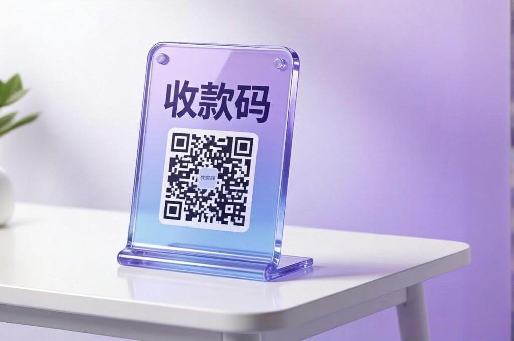 聚合收款二维码牌样图，展示微信支付宝银联三合一收款码，防油污防水设计